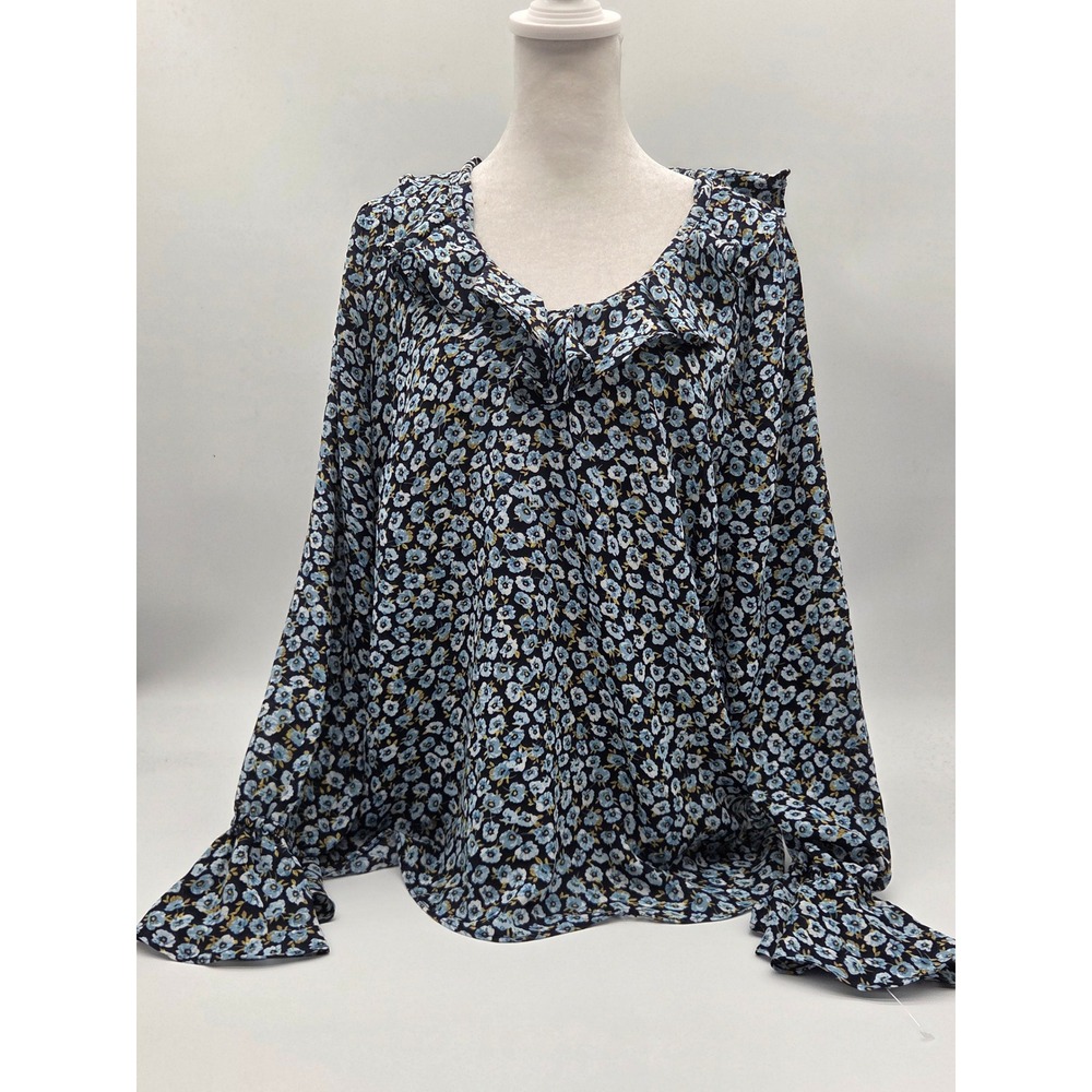 Joan Vass New York Women's L Blue Floral Ruffle Blouse NWT 101-441